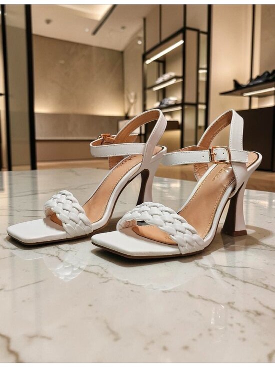 Shoes - White Braided Strap High Heel Sandals With Square Toe & Adjustable Buckle Closur